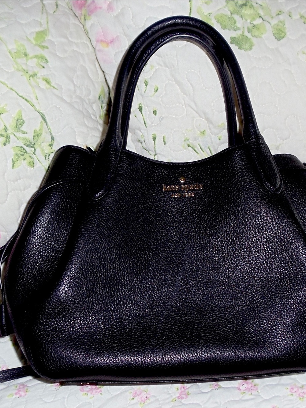 kate spade Black Pebbled Leather Dome Satchel with Gold Logo